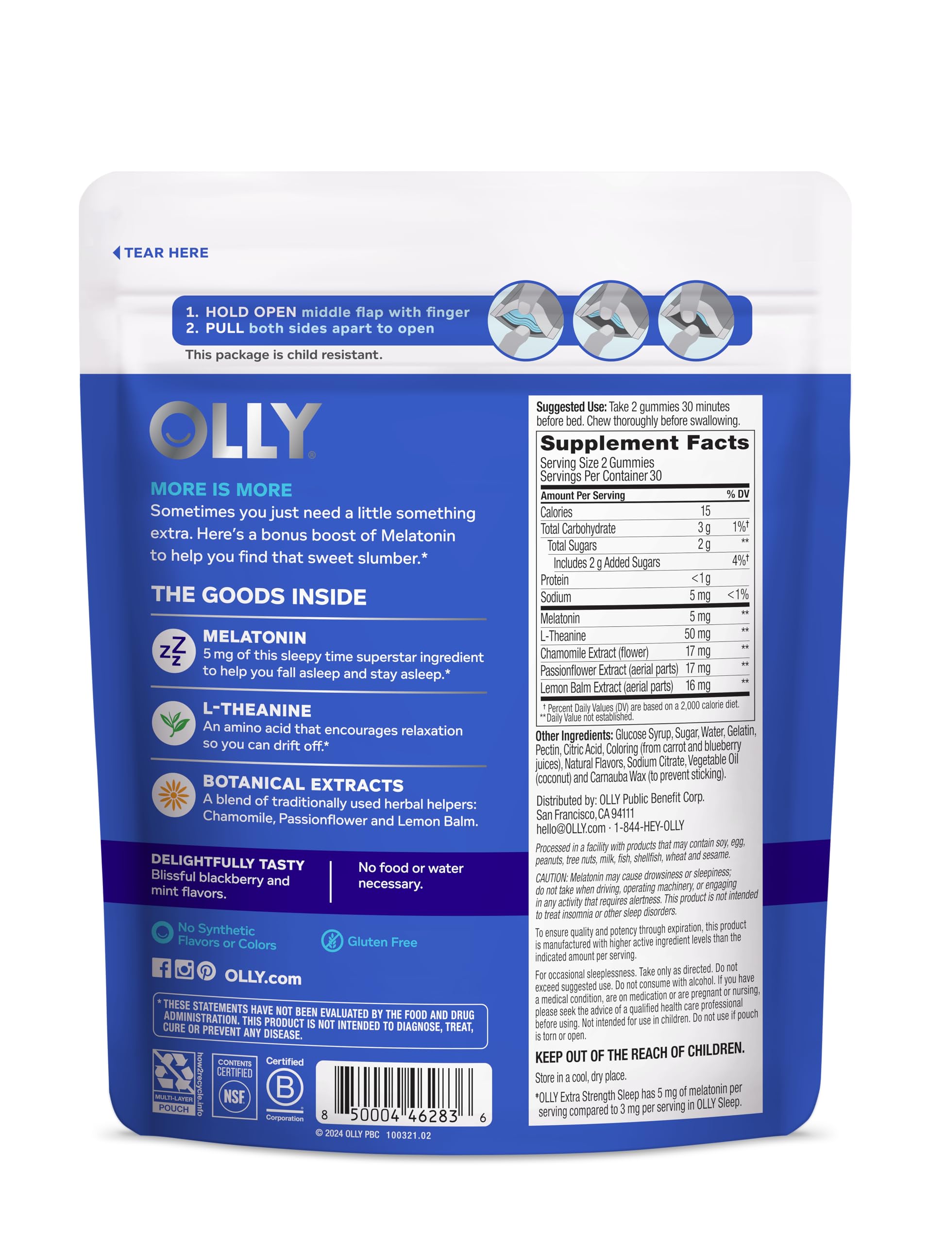 OLLY Extra Strength Sleep bottle on a bedside setup.