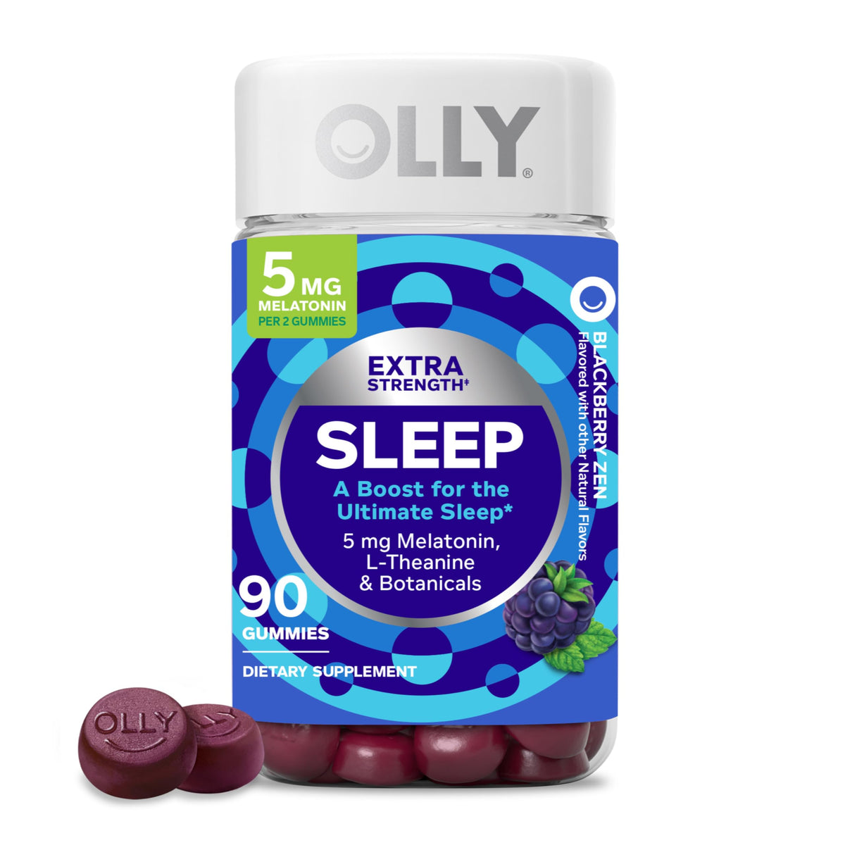 OLLY Extra Strength Sleep Gummies bottle closeup for a calm pre-bed routine.