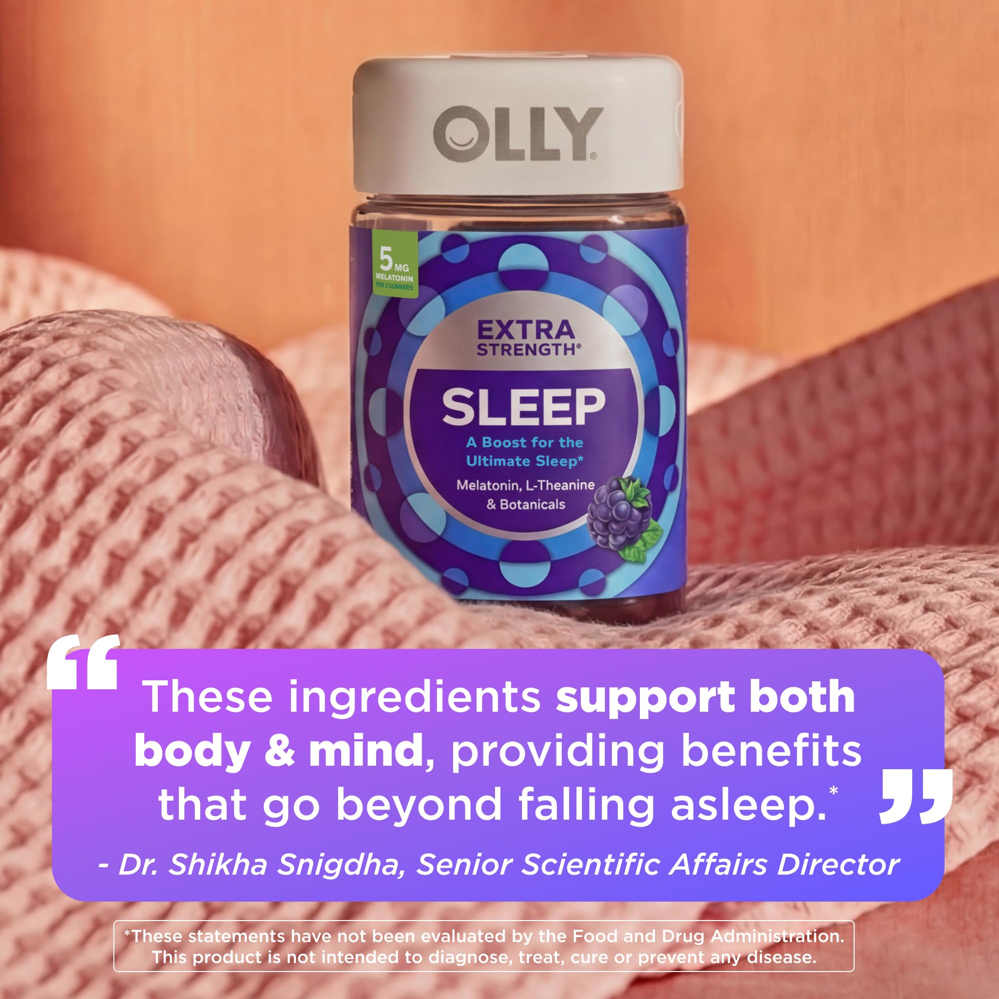OLLY Extra Strength Sleep Gummies chamomile botanicals for soothing evenings.