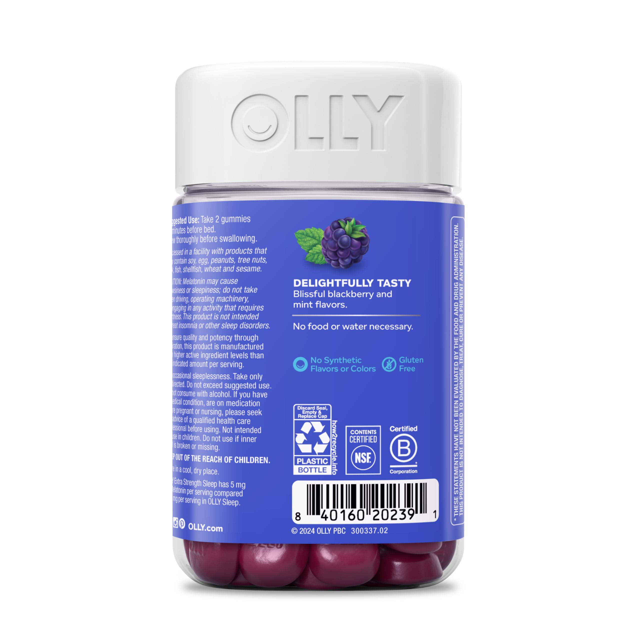 OLLY packaging front highlights the sleep aid benefits for easy shopping.