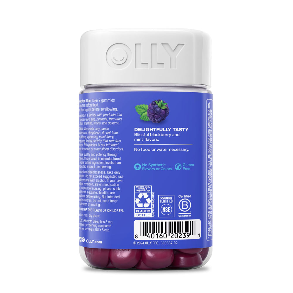 OLLY packaging front highlights the sleep aid benefits for easy shopping.