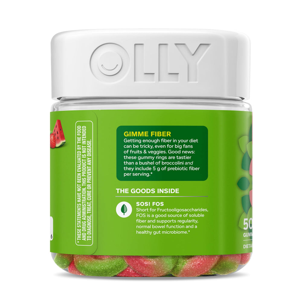 50-count bottle of OLLY Fiber Gummy Rings on kitchen counter
