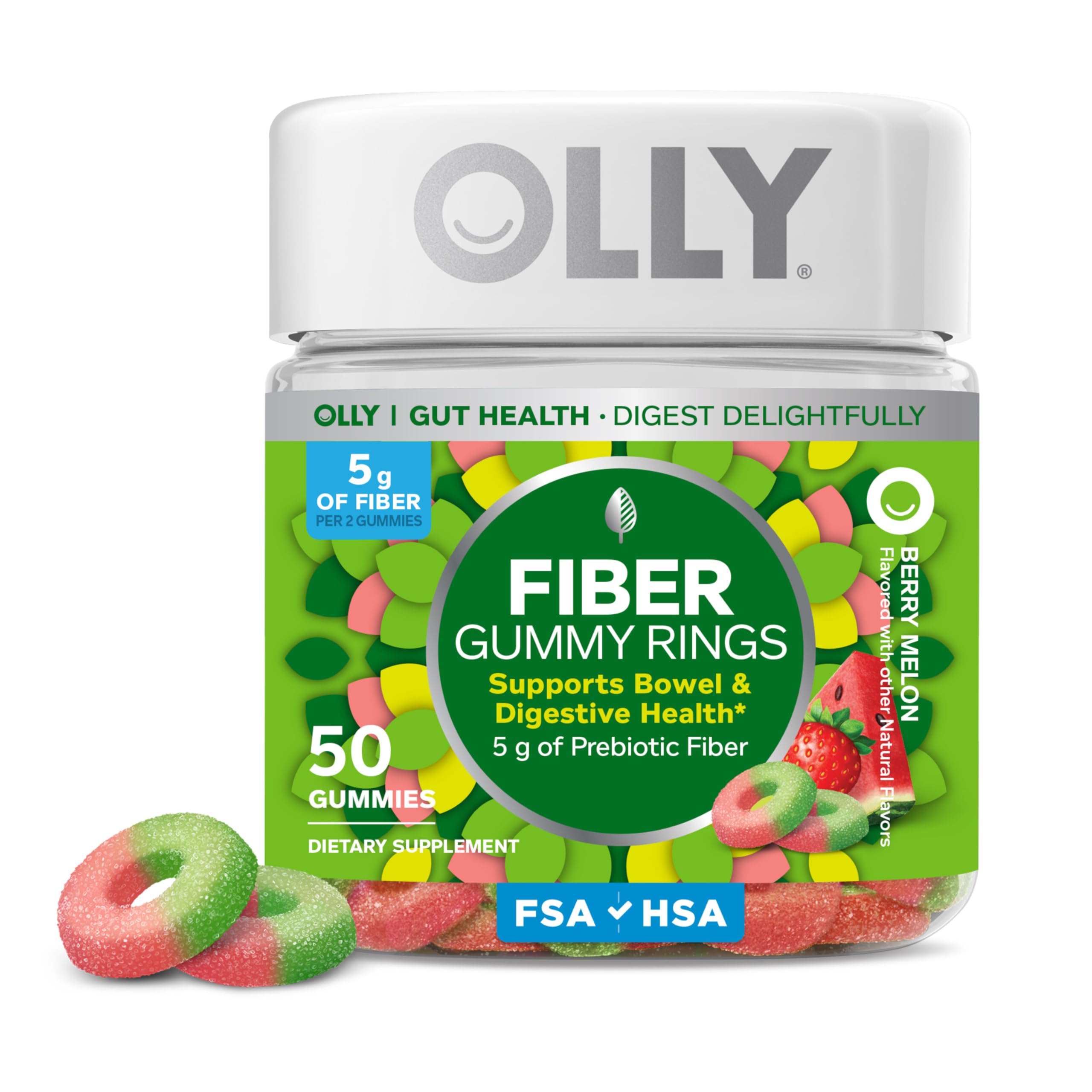OLLY Fiber Gummy Rings Berry Melon bottle showing 5 g prebiotic fiber per serving
