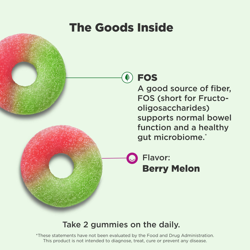 Close-up of OLLY Fiber Gummy Rings Berry Melon gummies with fruity flavor