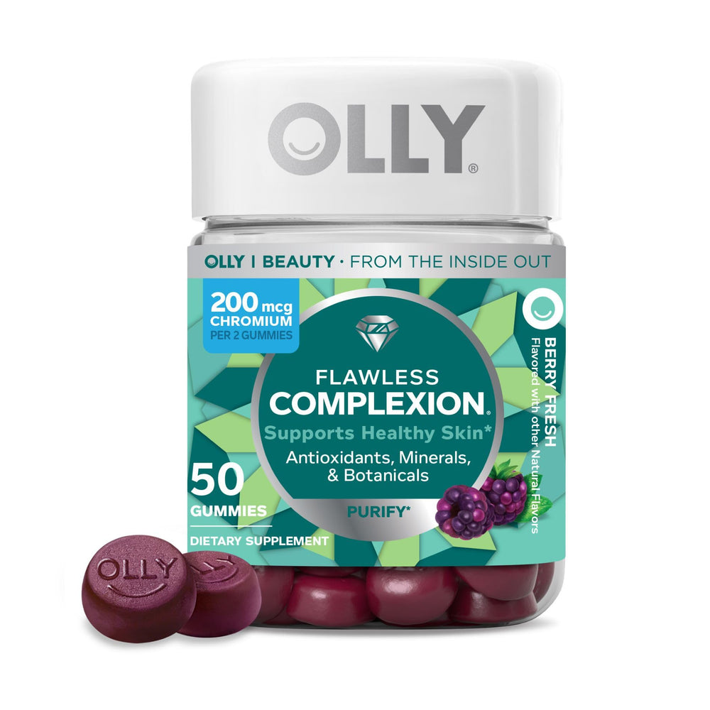 OLLY Flawless Complexion bottle showing gummies for daily skin support.