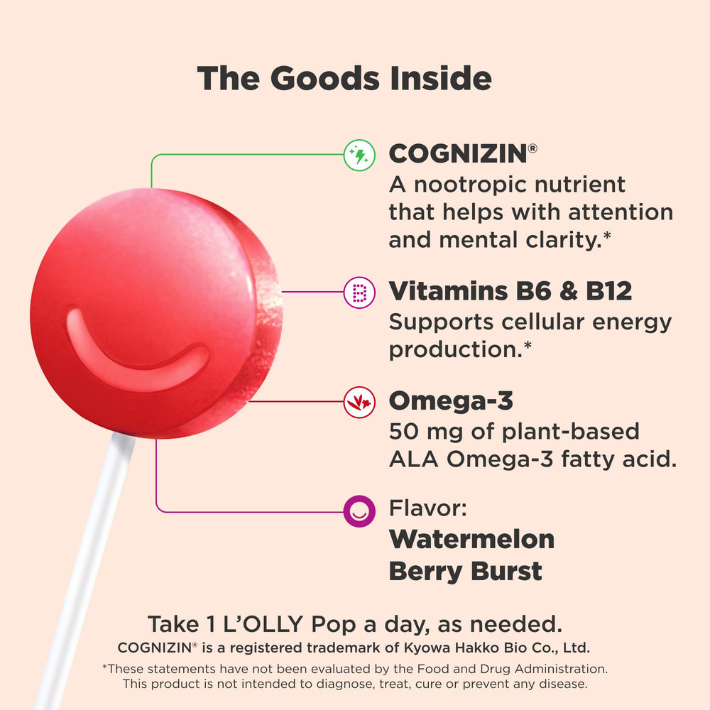 OLLY Focus Buddies lollipop closeup shows Cognizin and attention-friendly benefits.