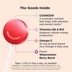 OLLY Focus Buddies lollipop closeup shows Cognizin and attention-friendly benefits.