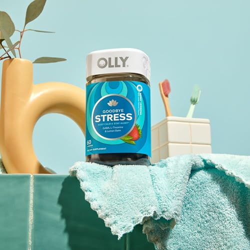 OLLY Goodbye Stress Gummies bottle with 60-count label promoting daily calm.
