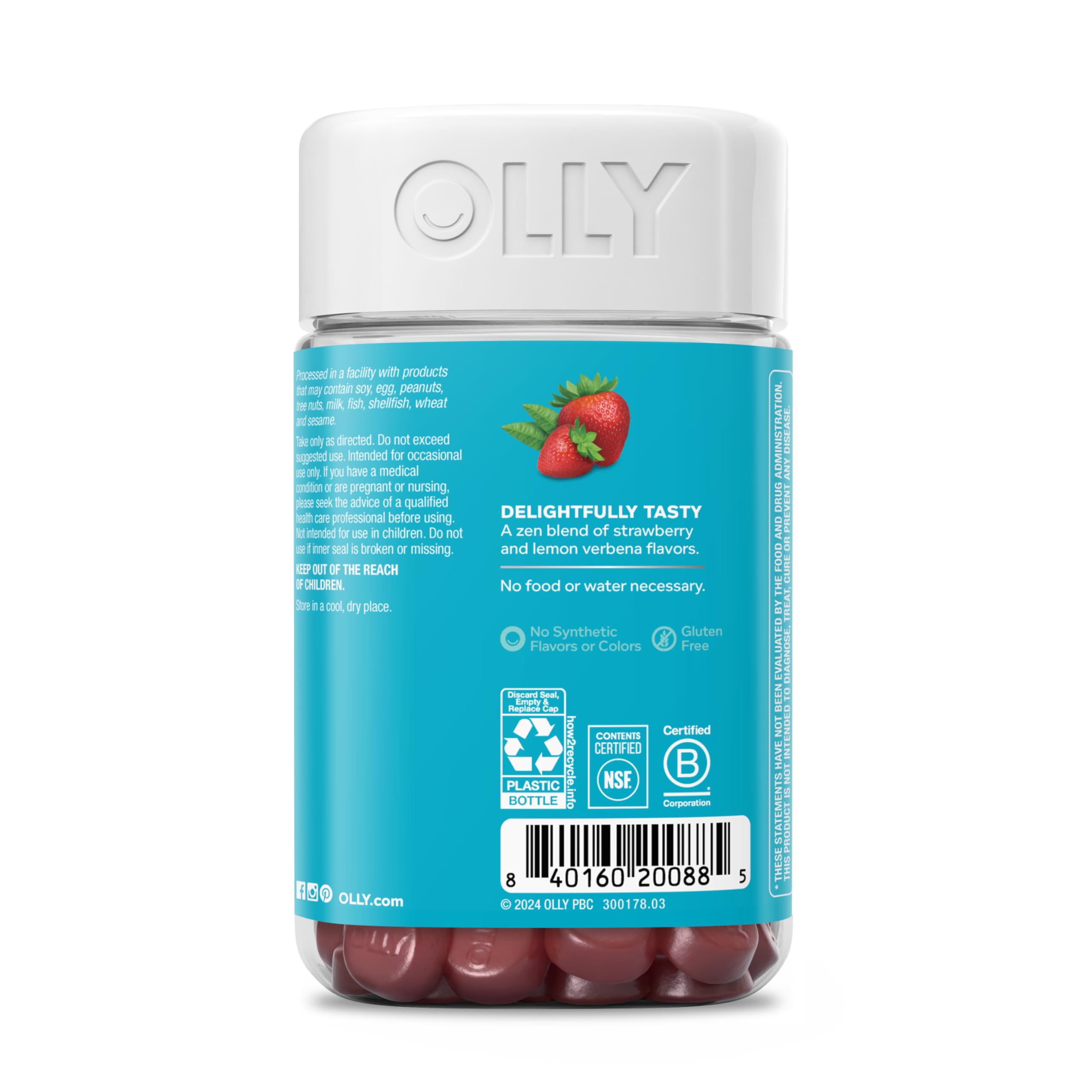 OLLY Goodbye Stress Gummies bottle on desk with calming mood cues.