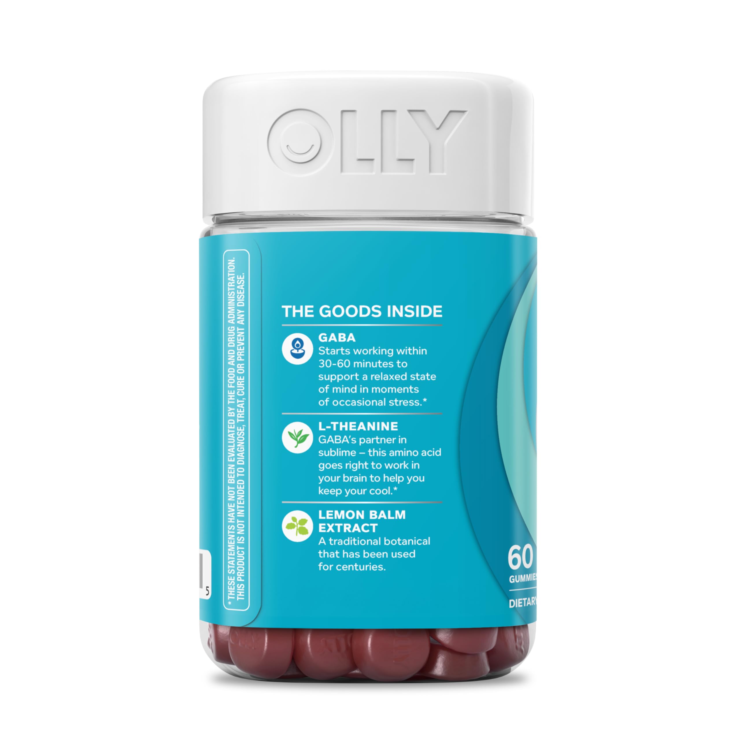 OLLY Goodbye Stress Gummies gluten-free label close-up.