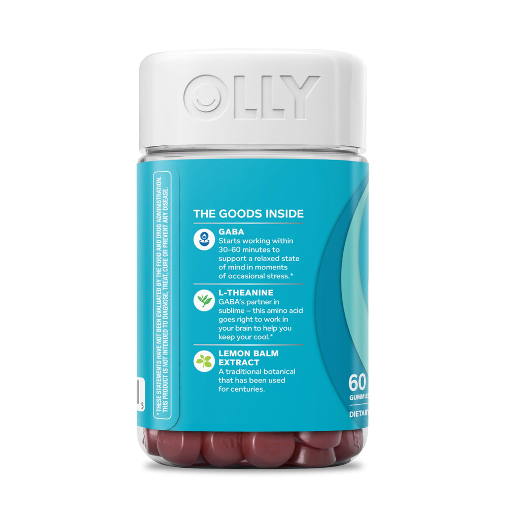 OLLY Goodbye Stress Gummies gluten-free label close-up.