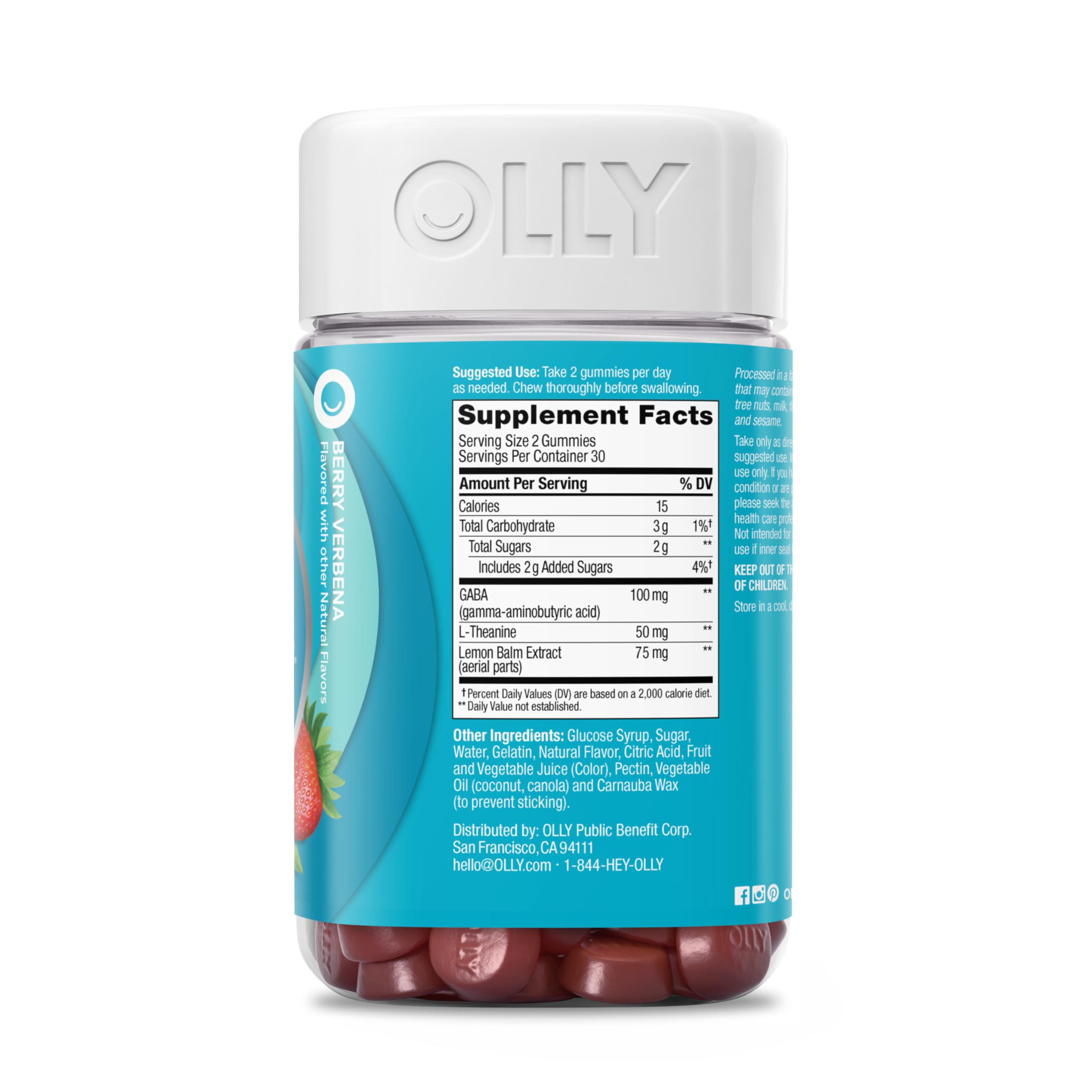 OLLY Goodbye Stress Gummies lemon balm botanicals on packaging for natural calm.