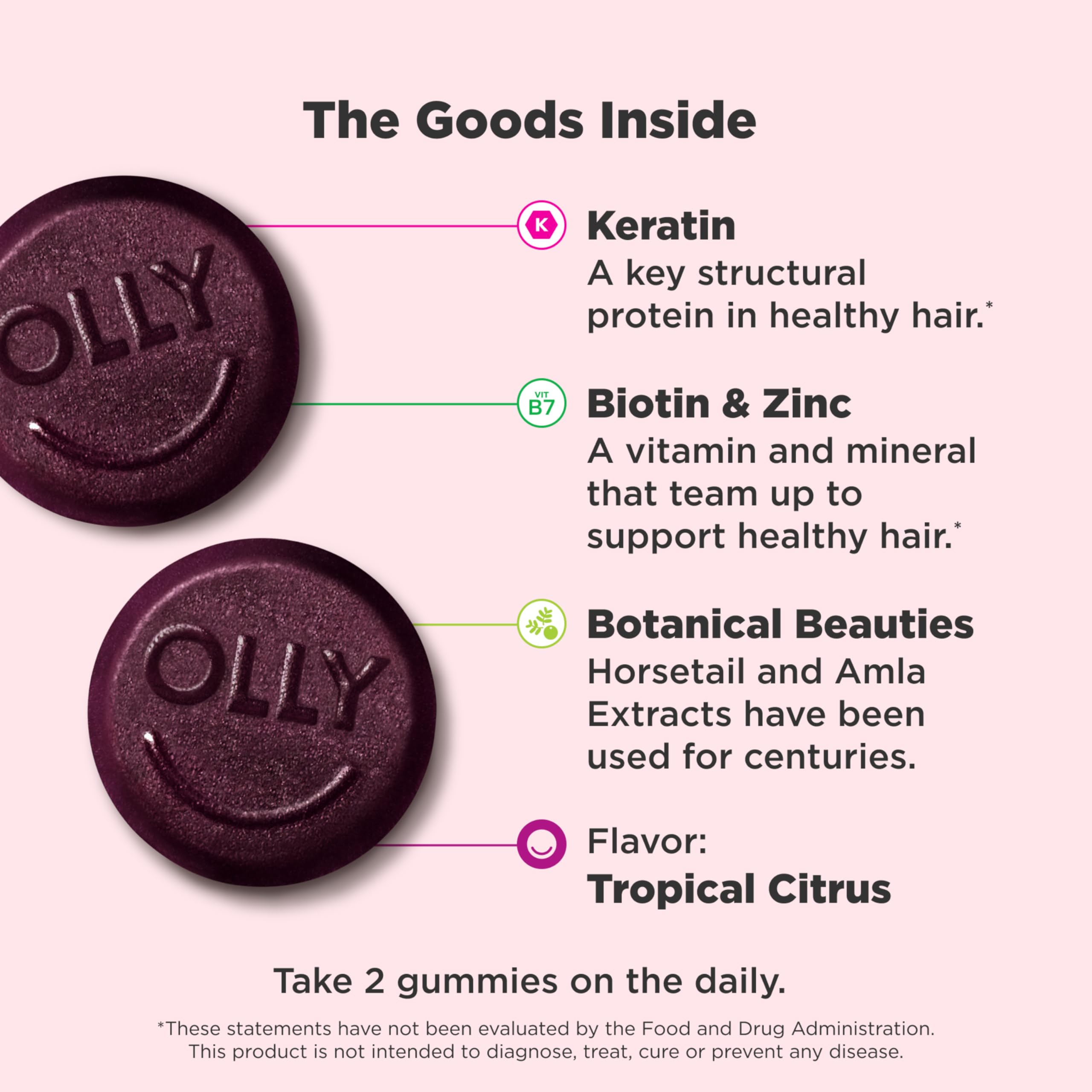 OLLY Heavenly Hair gummy close-up showing bright packaging and flavor cues