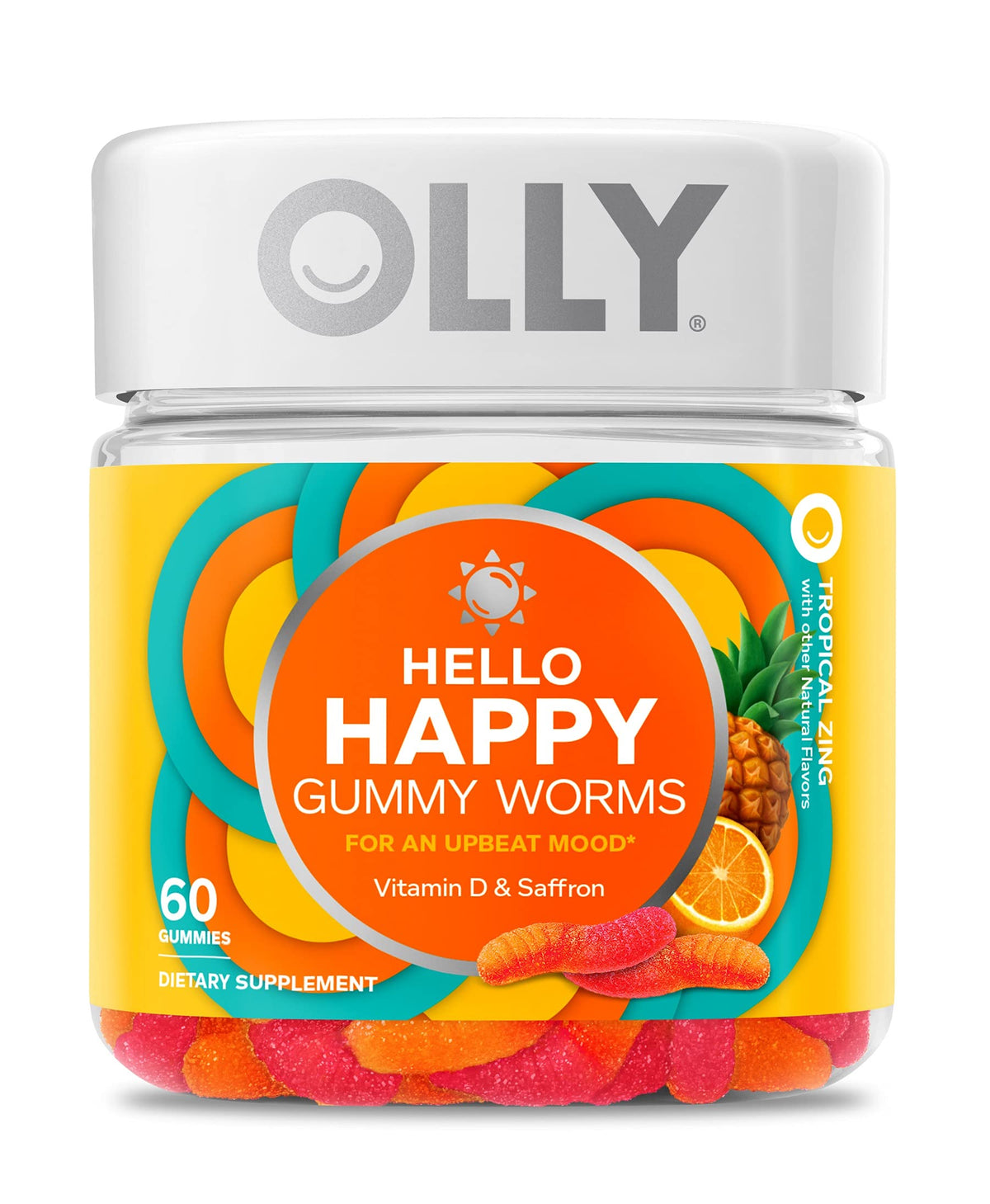 OLLY Hello Happy Gummy Worms tropical flavor gummies in bottle for a mood lift.
