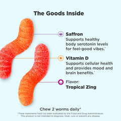 Close-up of OLLY Hello Happy Gummy Worms Tropical Zing gummies