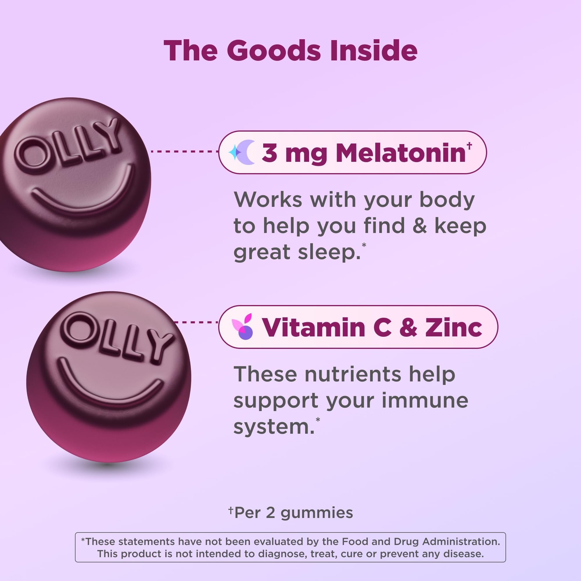 Close-up of OLLY Immunity Sleep gummies with berry flavor