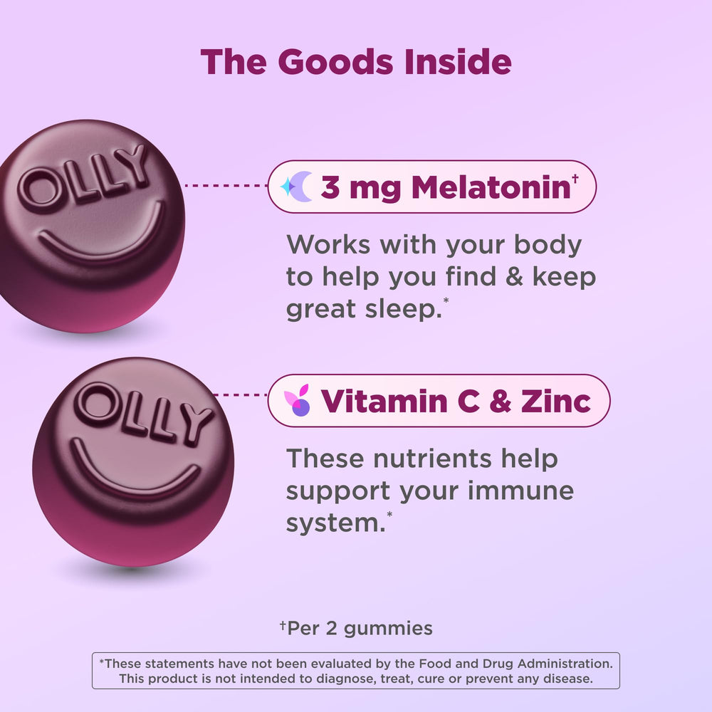 Close-up of OLLY Immunity Sleep gummies with berry flavor