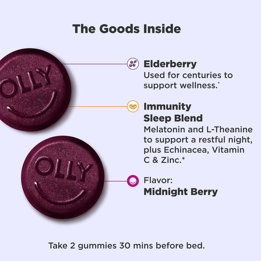 OLLY Immunity Sleep Gummies gummy close-up highlights jammy berry texture