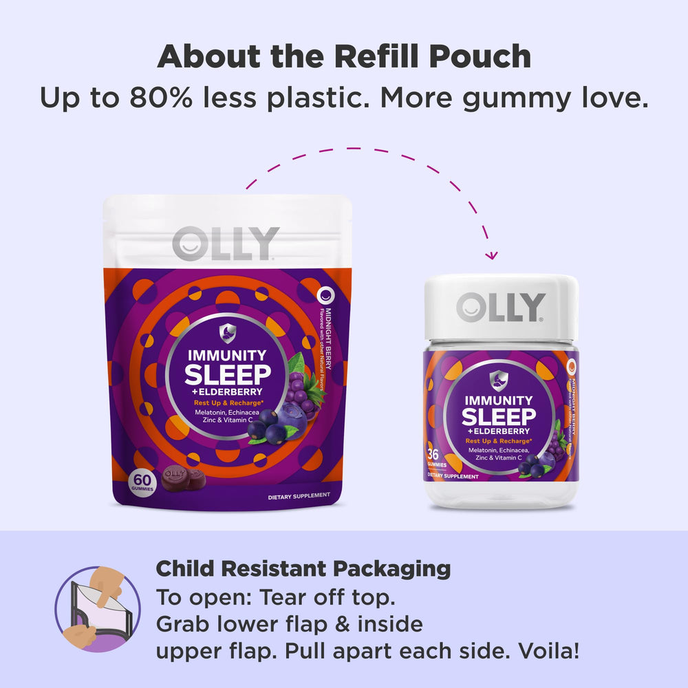 OLLY Immunity Sleep Gummies jar and gummies indicate convenient chewable sleep support