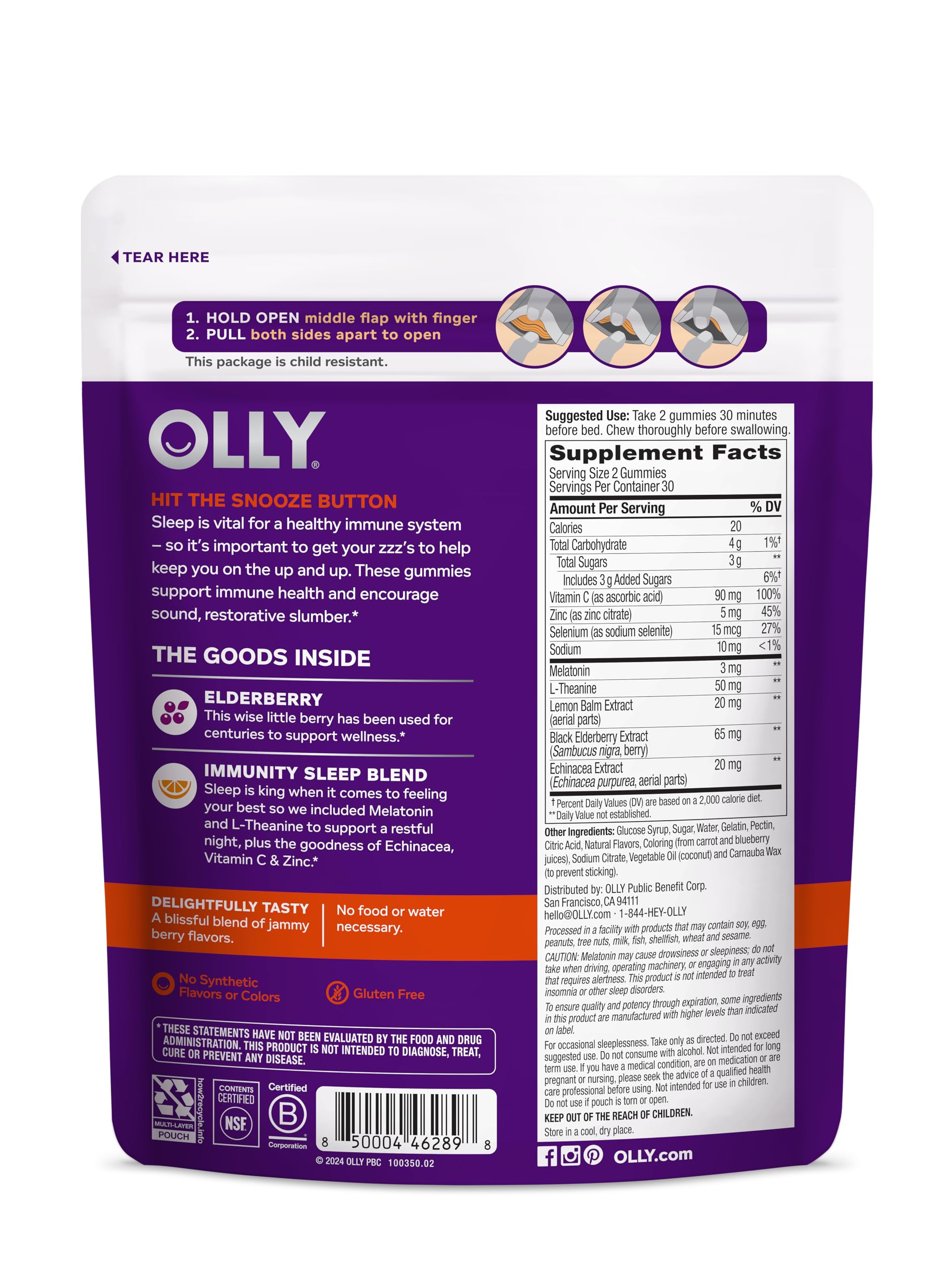 OLLY Immunity Sleep Gummies zinc and vitamin C details on packaging