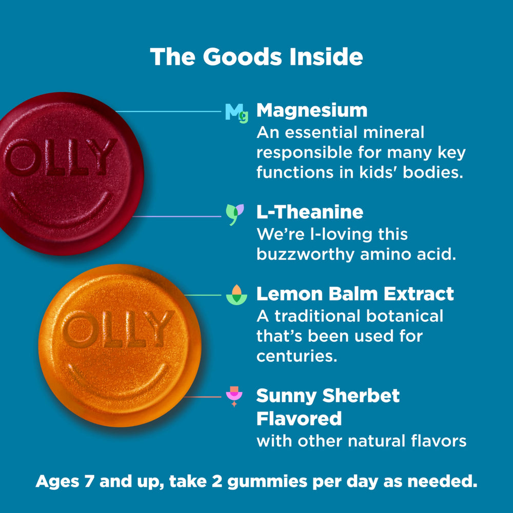 OLLY Kids Chillax bottle back highlights ingredients and serving directions.