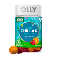 OLLY Kids Chillax gummies bottle front shows Sunny Sherbet flavor and calm mood support.
