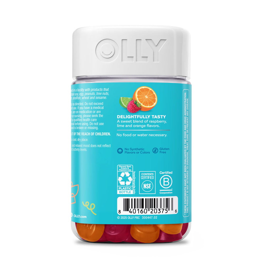 OLLY Kids Chillax ingredients panel shows magnesium, L-Theanine, lemon balm.
