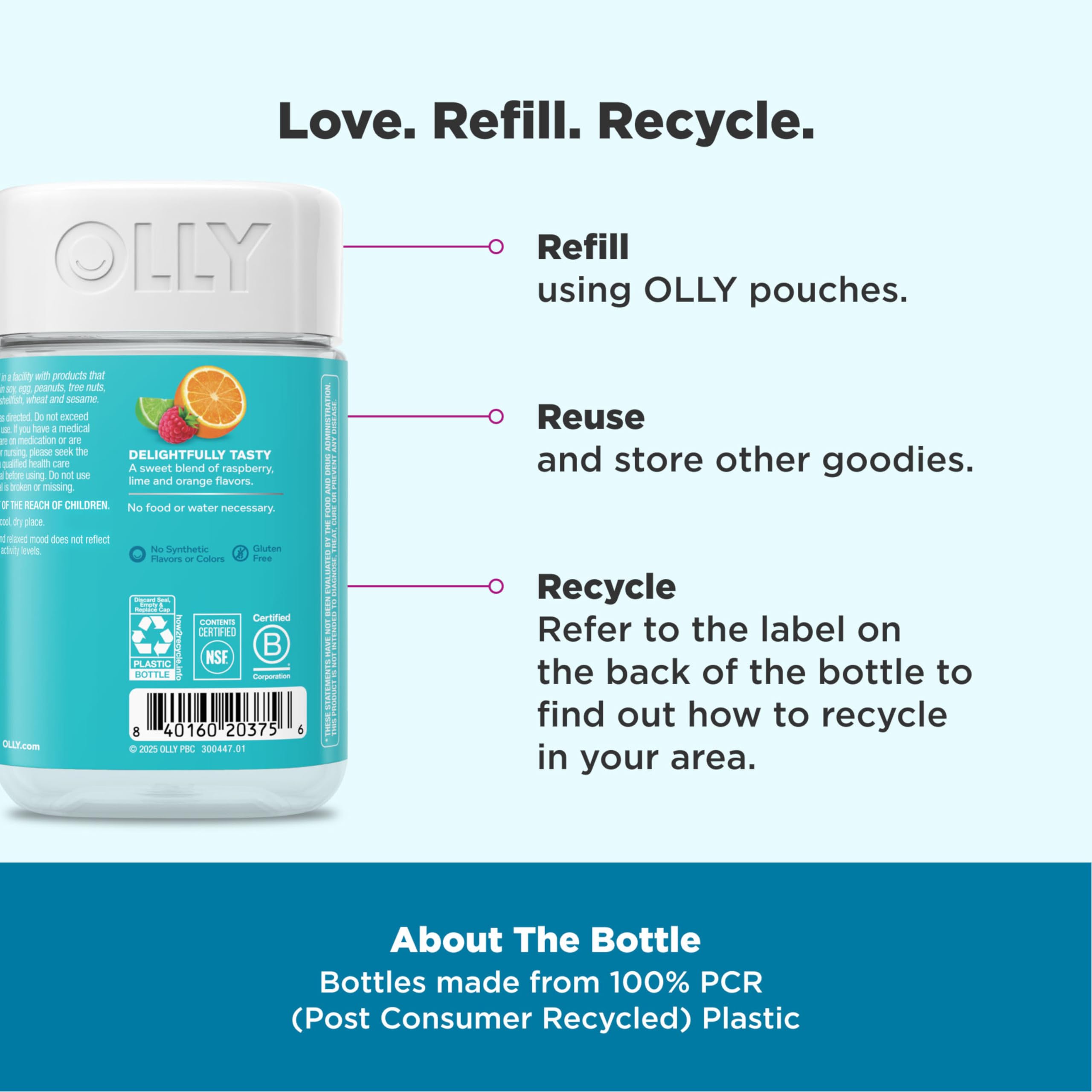 OLLY Kids Chillax gummies jar open with two gummies visible for easy take-anytime.