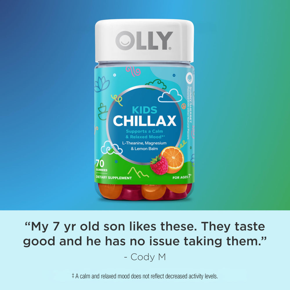 OLLY Kids Chillax new-look packaging on display for 7+ gummy lovers.