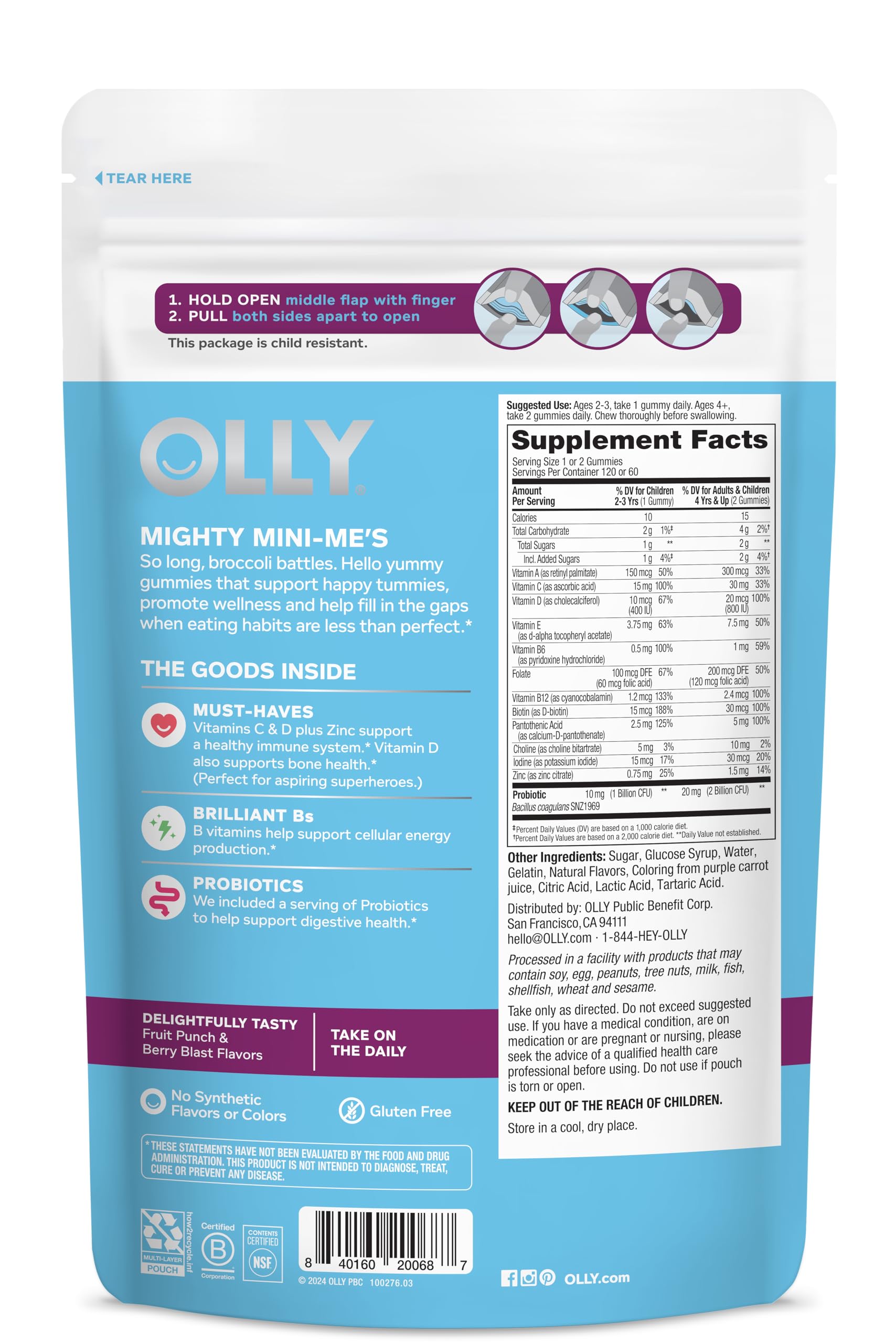 Nutrition facts panel on OLly gummy bottle outlines the vitamin and probiotic blend.
