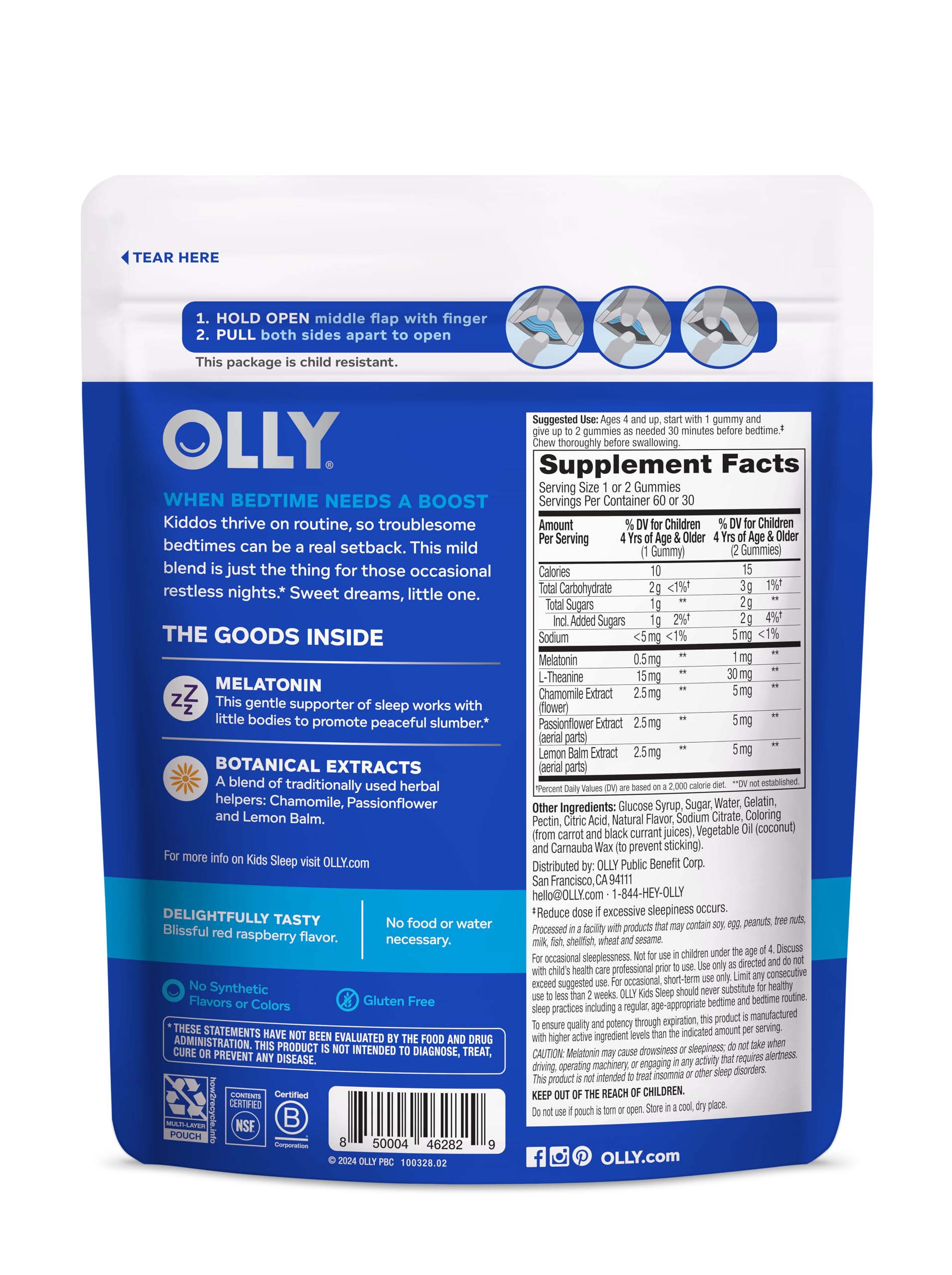 OLLY Kids Sleep Gummies ages 4 and up suitability shown on packaging.