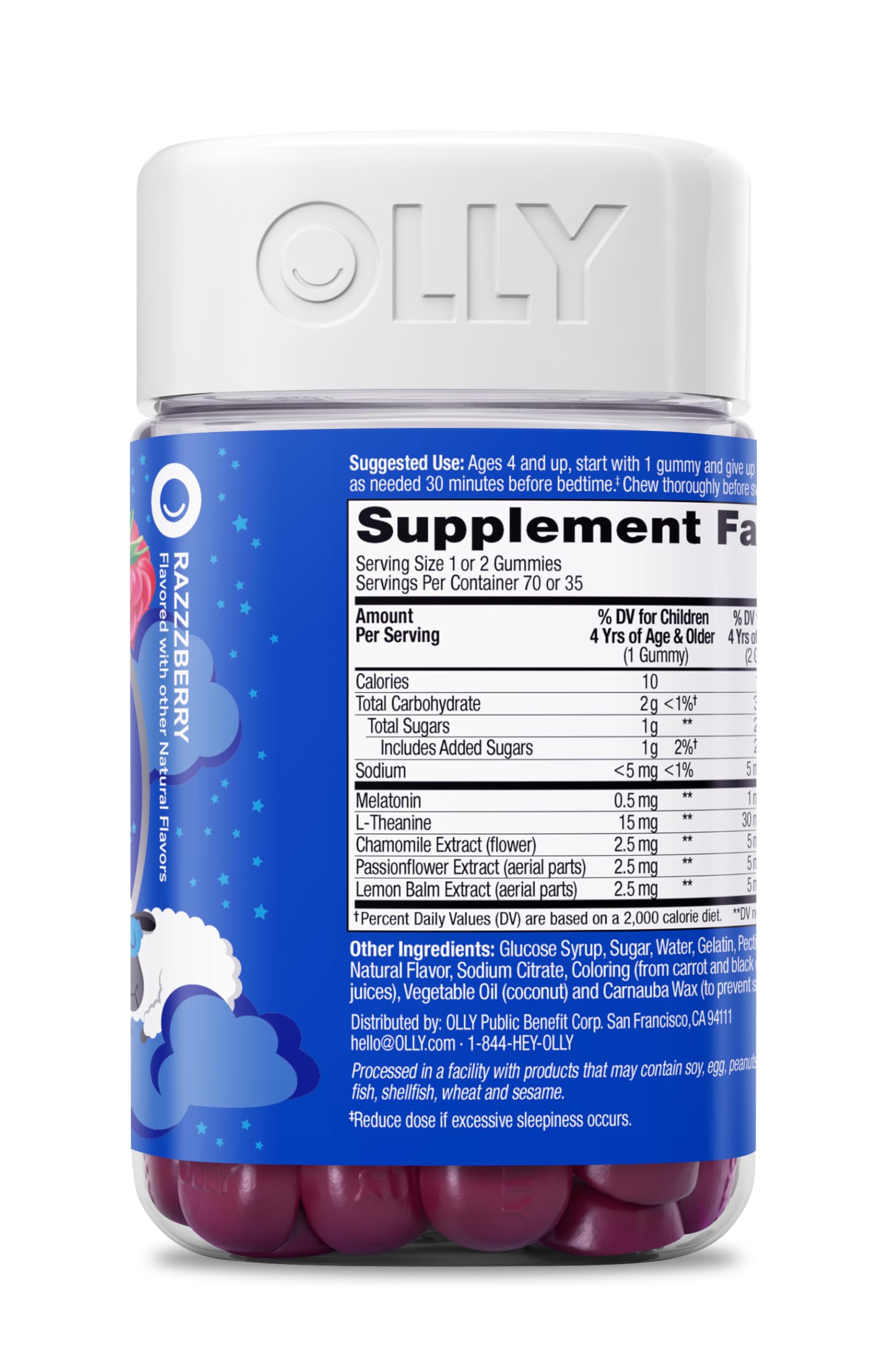 70-count bottle of OLLY Kids Sleep Gummies ready for regular nightly use.