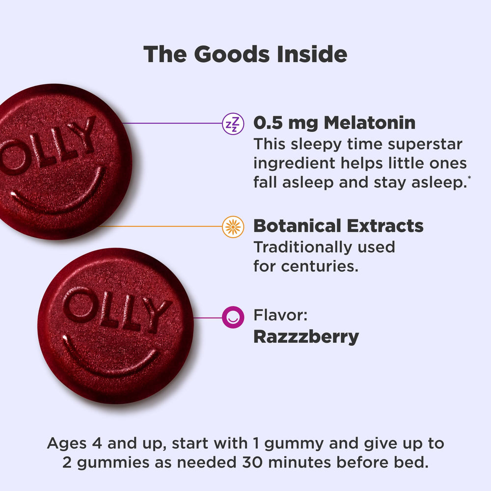 OLLY Kids Sleep Gummies label highlights 0.5 mg melatonin and herbal blend.