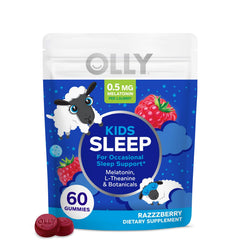 OLLY Kids Sleep Gummies raspberry bottle promotes a gentle bedtime routine.