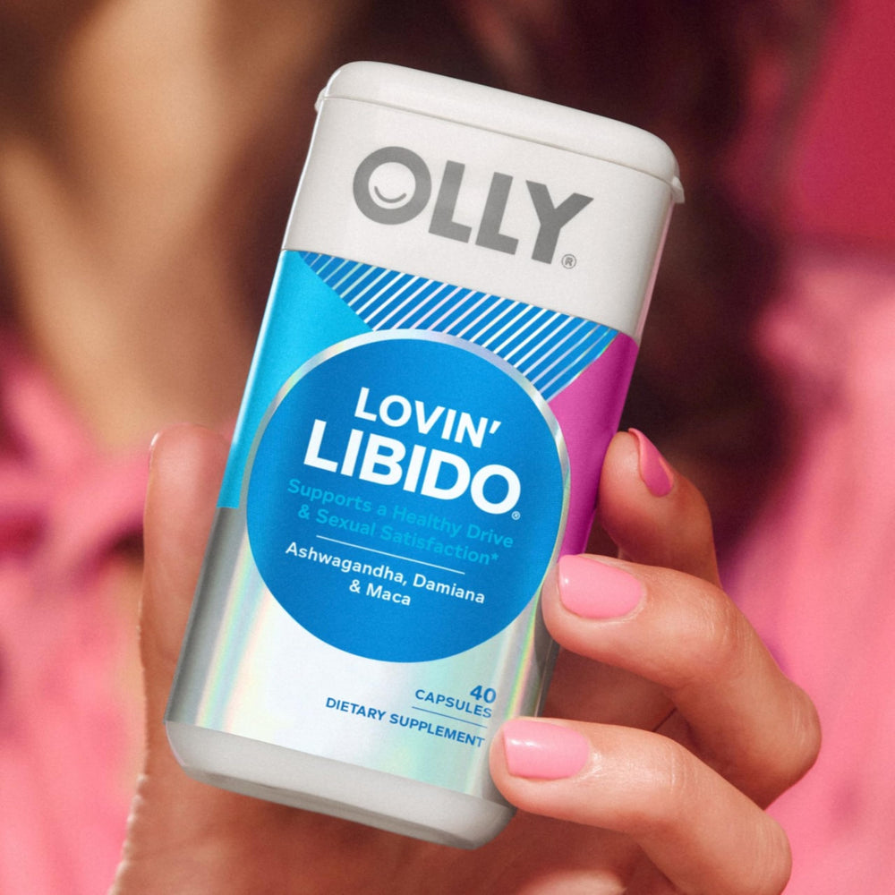 OLLY Lovin’ Libido bottle label close-up highlights Ashwagandha, Damiana and Maca.