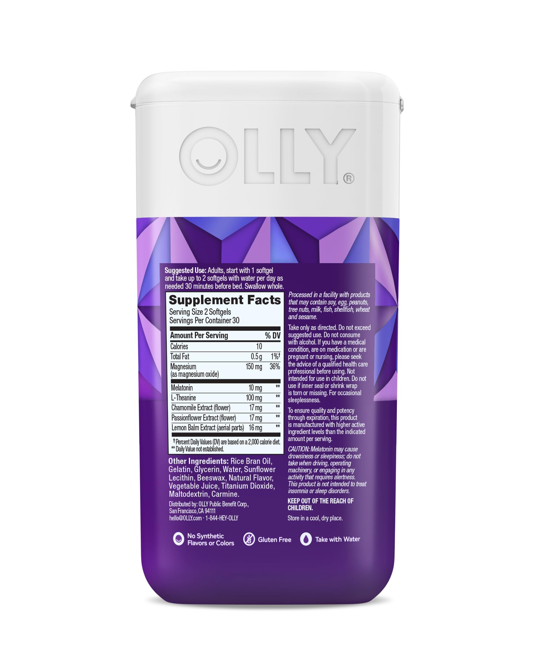OLLY Chamomile and Lemon Balm imagery on bottle label.