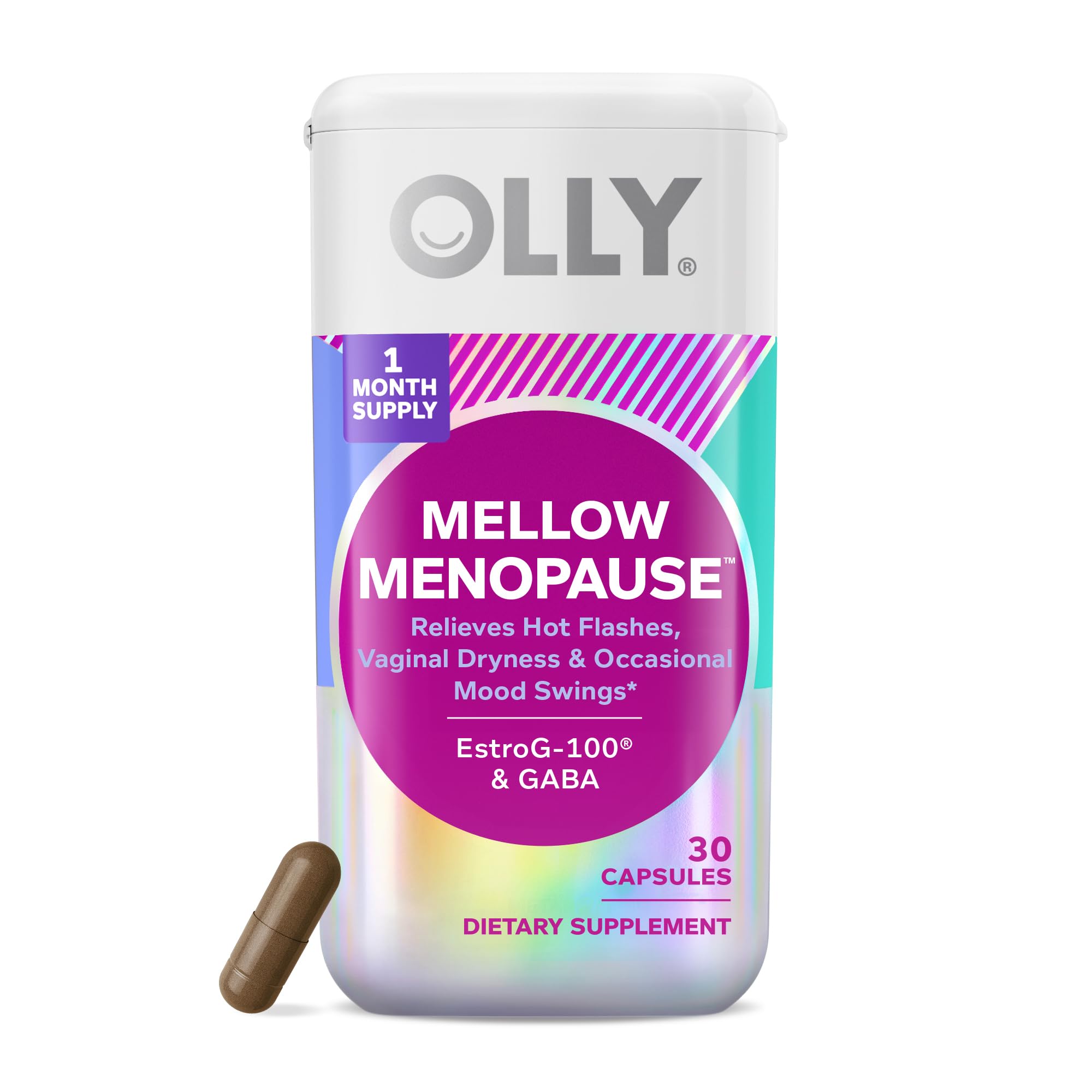 OLLY Mellow Menopause bottle on table for daily support.