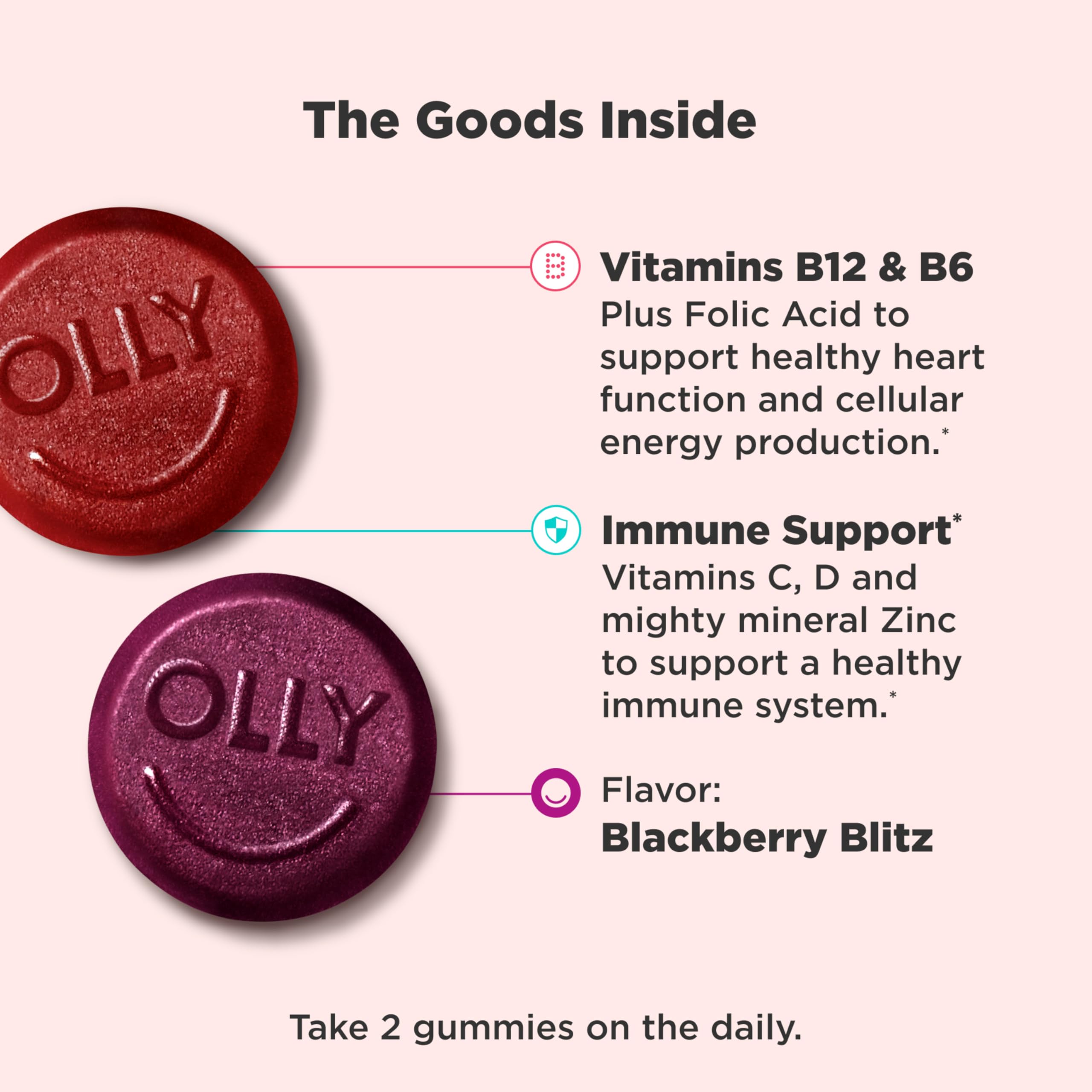 Closeup of OLLY Men’s Multivitamin gummies with blackberry flavor and chewy texture