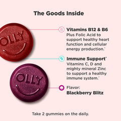Closeup of OLLY Men’s Multivitamin gummies with blackberry flavor and chewy texture