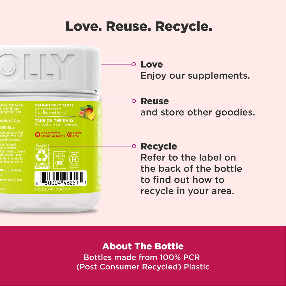 OLLY bottle open with gummies spilling, easy on-the-go daily use.