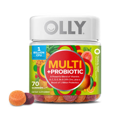 OLLY Multi + Probiotic bottle front with tropical twist gummies for daily support.