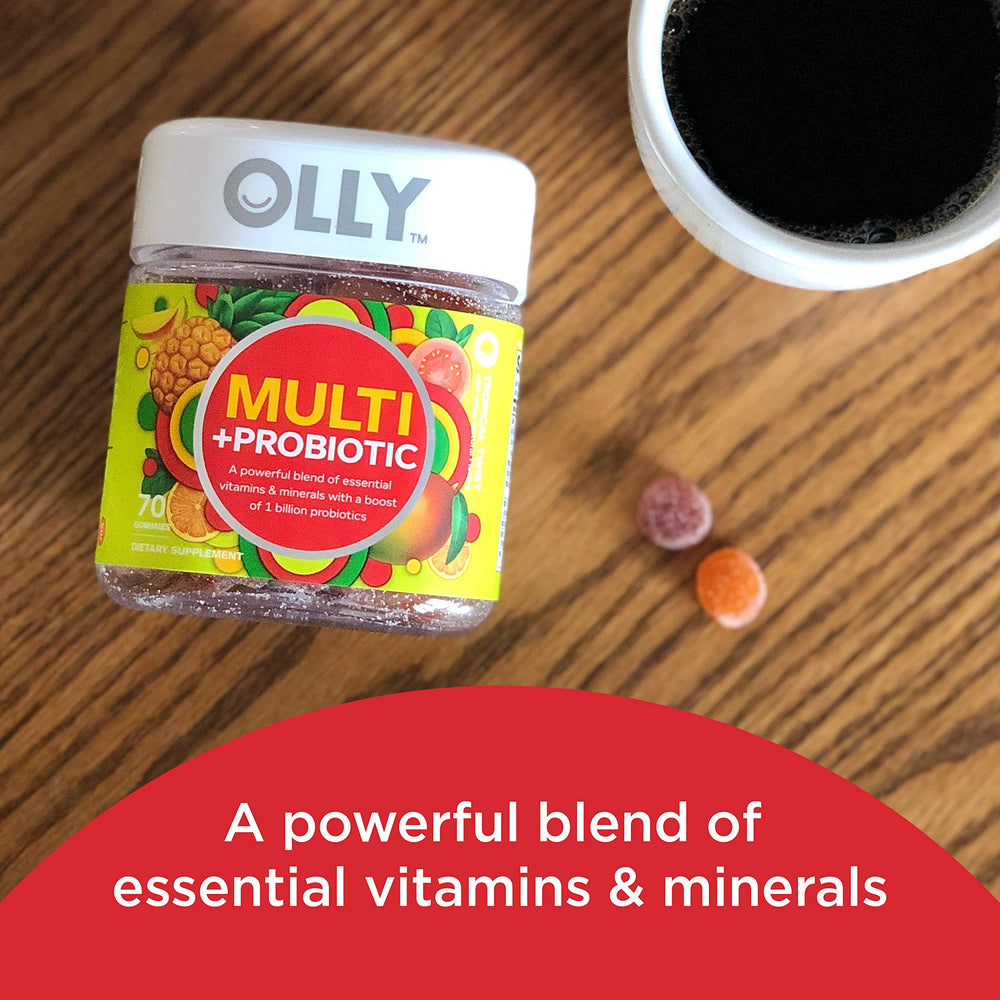 OLLY Multi + Probiotic gummy close-up, tropical twist flavor, for daily immune and digestion support.
