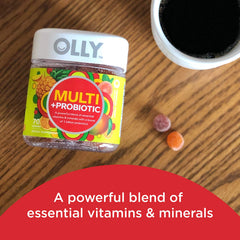 OLLY Multi + Probiotic gummy close-up, tropical twist flavor, for daily immune and digestion support.