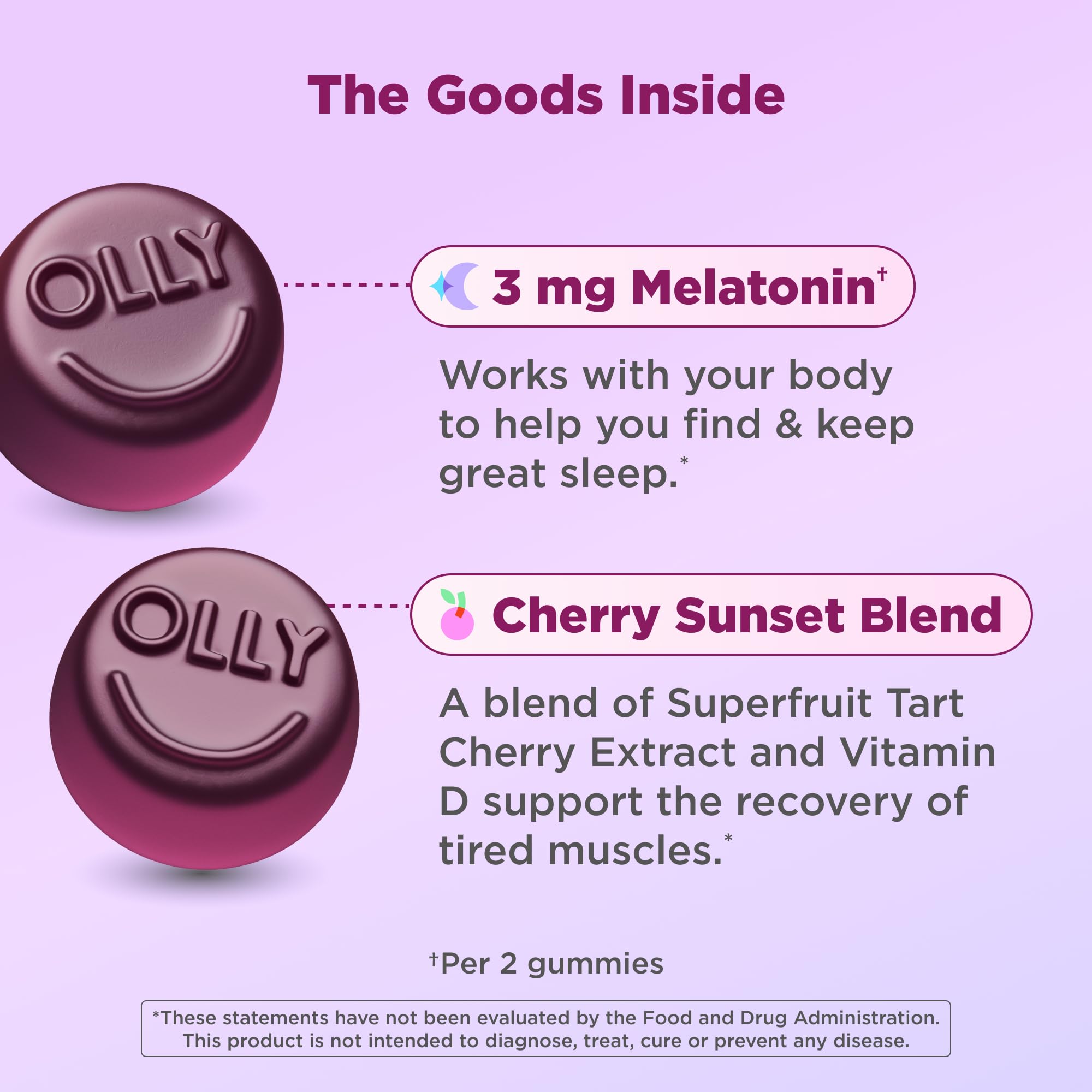 OLLY gummies closeup highlighting berry flavor and 3mg melatonin for easier bedtime.