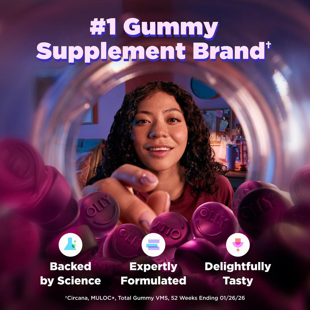 OLLY label closeup showing Vitamin D benefit for muscle function support.