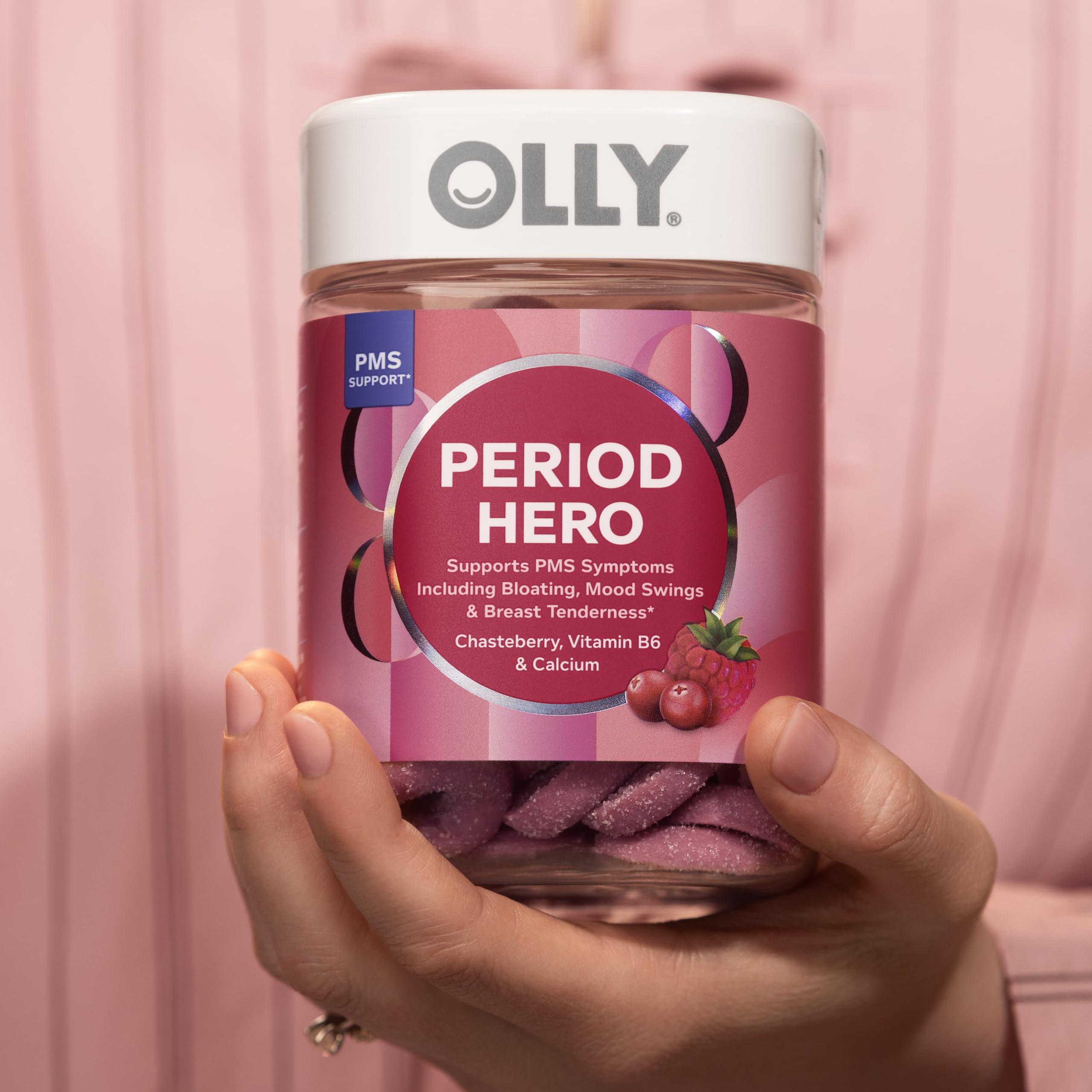 OLLY Period Hero Gummies 30-day supply box on kitchen counter.