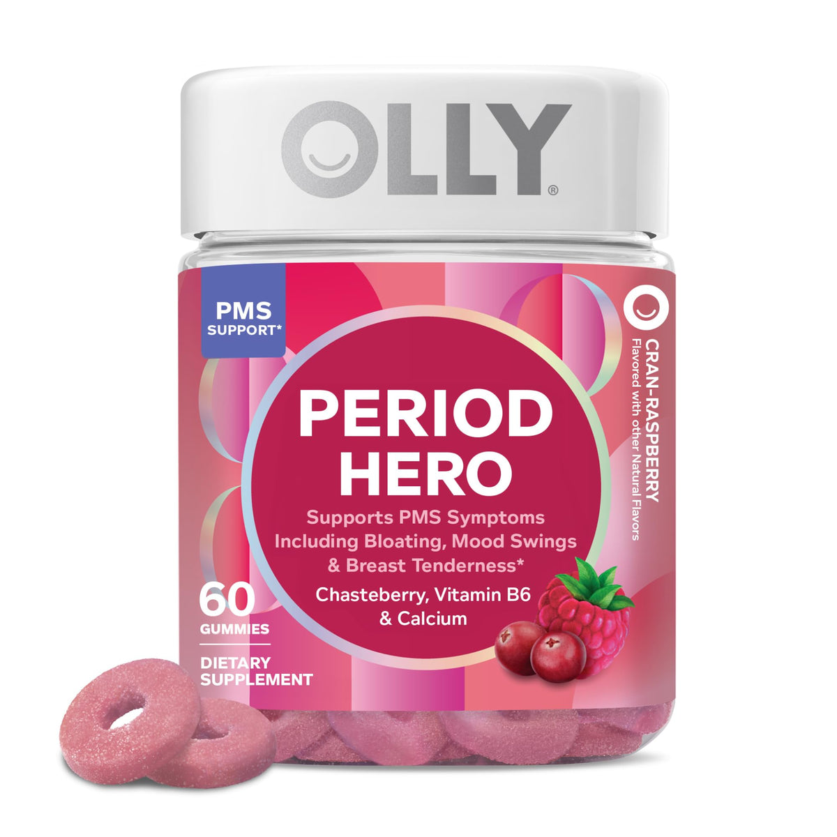 OLLY Period Hero Gummies bottle with Cran-Raspberry flavor for cycle comfort.