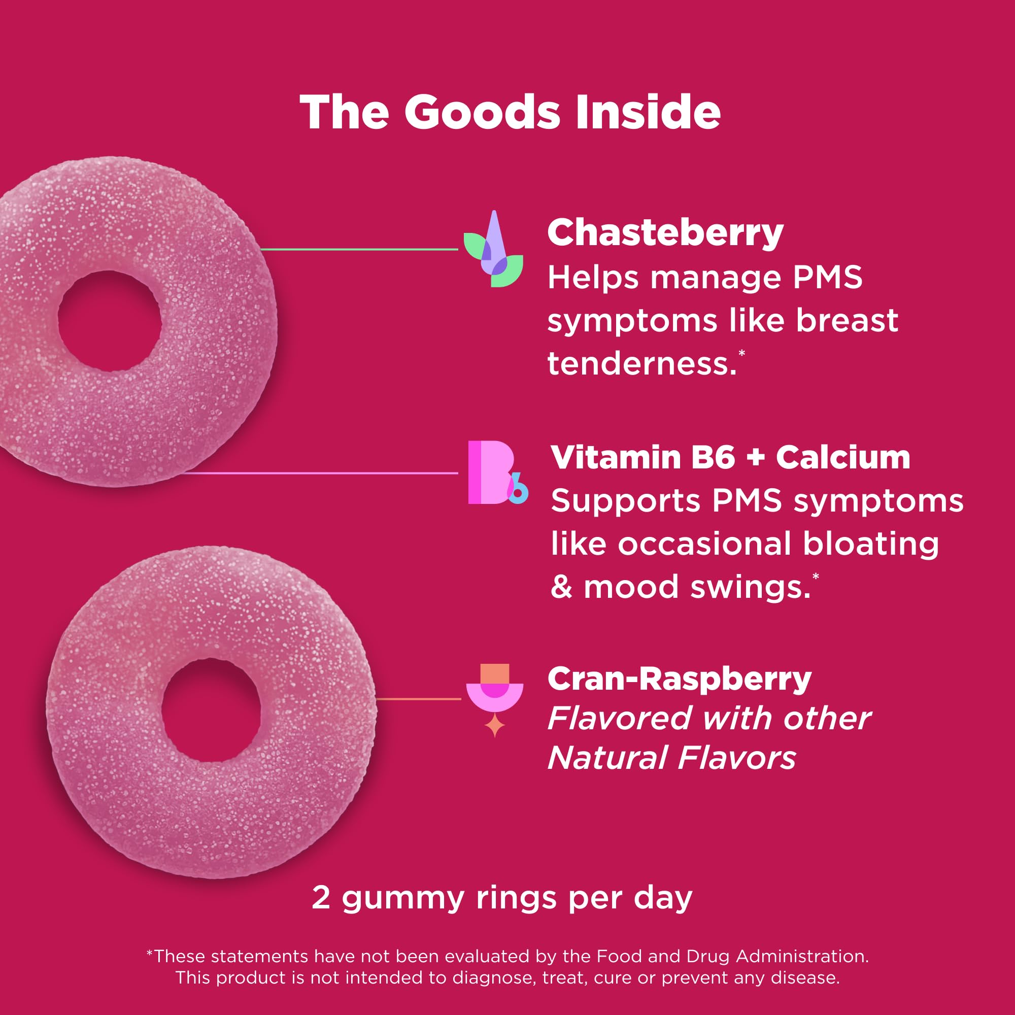 Close-up of OLly Period Hero Gummies in Cran-Raspberry flavor for easy daily use.