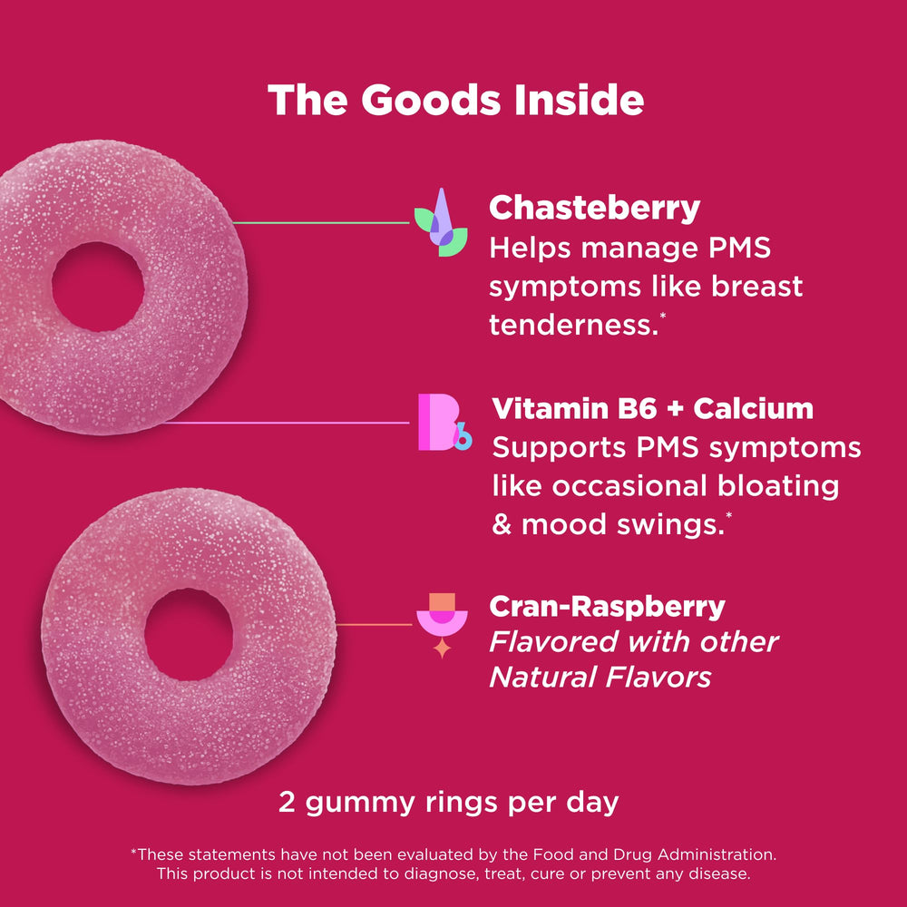 Close-up of OLly Period Hero Gummies in Cran-Raspberry flavor for easy daily use.