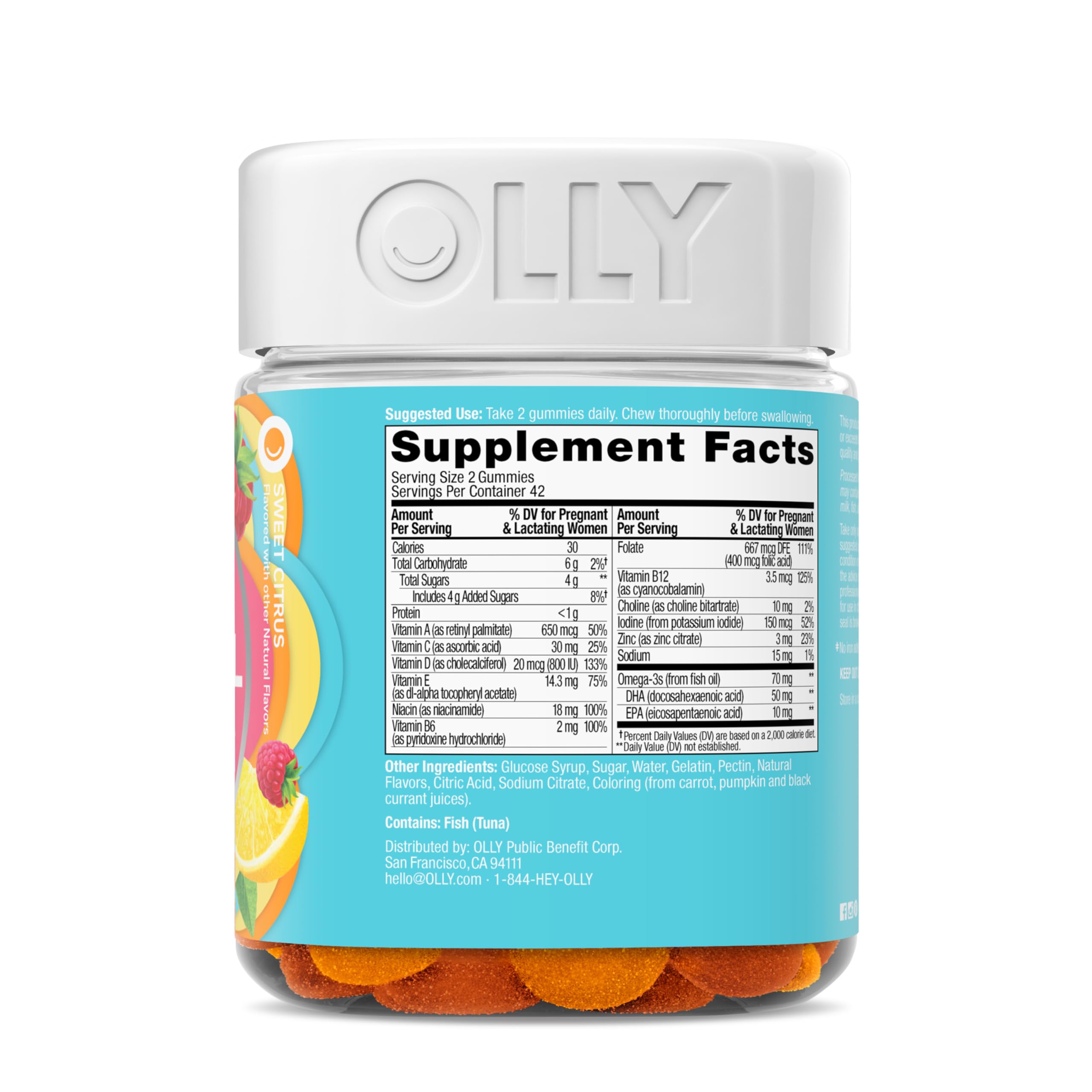 OLLY Prenatal gluten free badge on packaging supports dietary needs